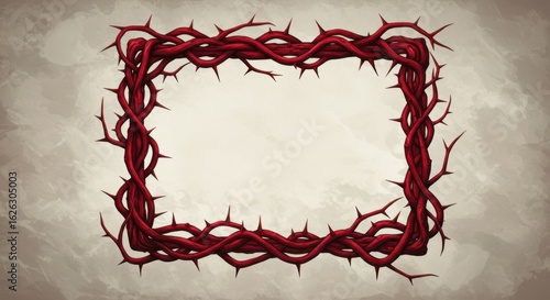 Crown of Thorns Frame with Red Vines and Spikes for Religious or Symbolic Design Projects and Easter Resources