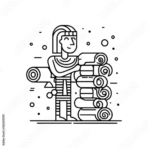 Stylized line drawing of person with headdress stacking rolled items on a white background with dots