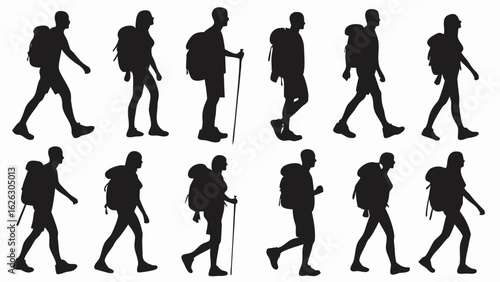 Silhouettes of hikers walking with backpacks and hiking poles in various poses and orientations