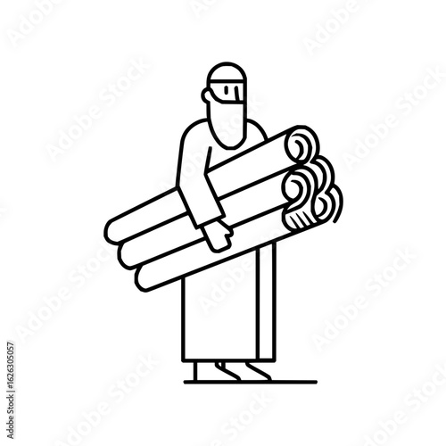 Illustration of a man with a beard and head covering carrying a stack of scrolls in a minimalist style