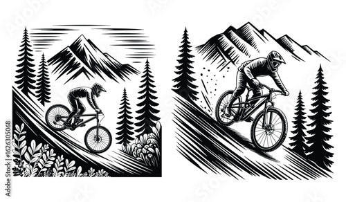 Set of Two Monochrome Mountain Biking Illustrations
