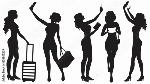 Silhouettes of five women in various poses with luggage and taking selfies on a white background