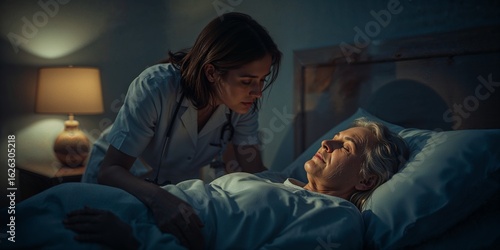 Nurse tending to an elderly woman lying in bed at night with a lamp providing soft illumination near by
