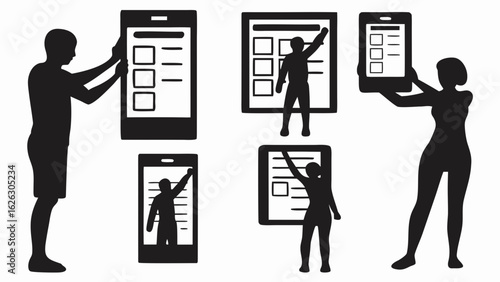 Silhouetted figures interacting with digital interfaces on various devices and screens shown here now
