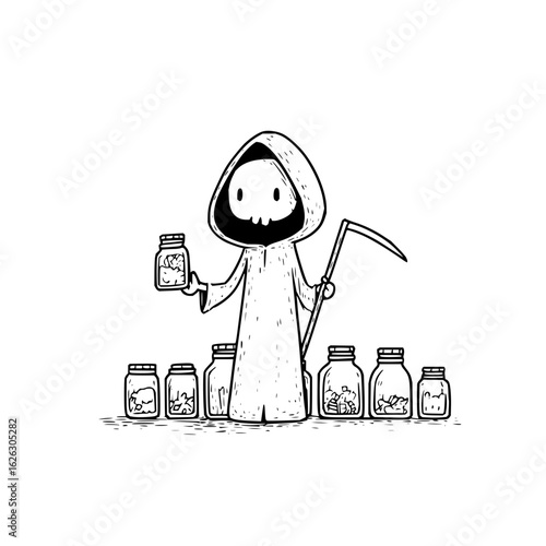 Cartoon grim reaper in robe holding scythe and jar with collection of jars filled with various items