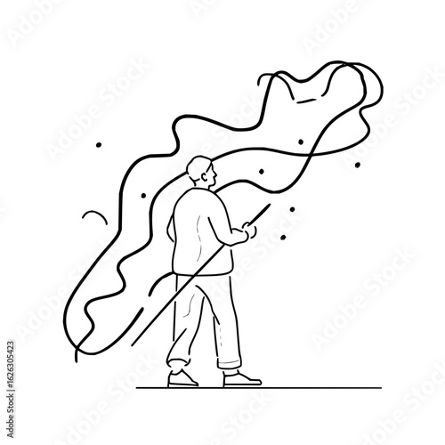 A person in outline style holding a stick and creating abstract shapes with dots and curved lines around them