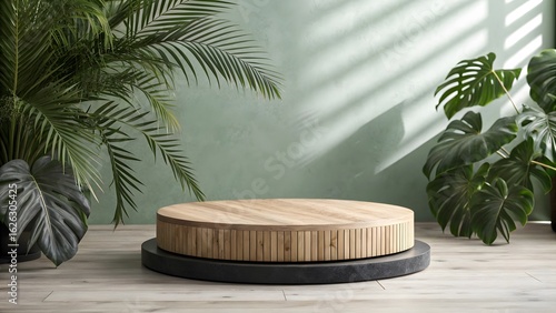 Wooden display podium on dark base with tropical plants and teal wall