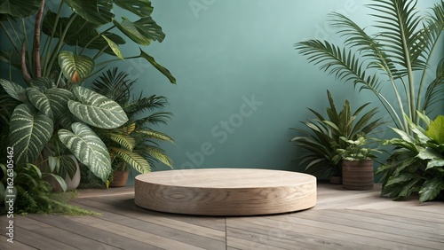 Wooden display podium surrounded by lush green tropical plants