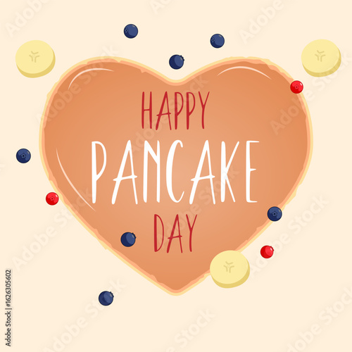 A heart-shaped pancake in a frying pan with text and fruit. Happy pancake day. Vector illustration.
