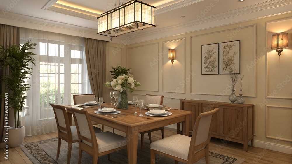 Fototapeta premium modern dining room with kitchen