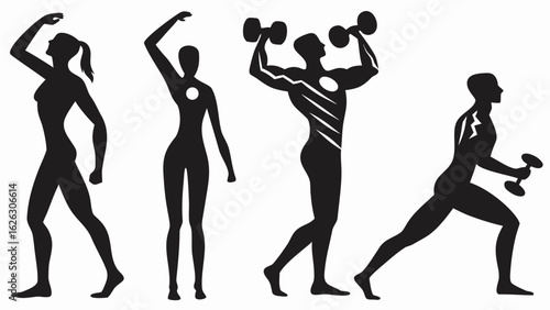 Silhouetted figures in various fitness poses including weightlifting and stretching exercises shown