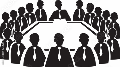A group of silhouetted figures in suits and ties sitting around a table in a meeting or conference room