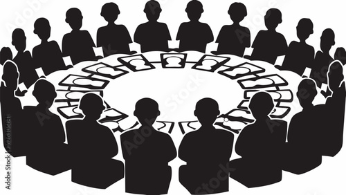 Silhouette illustration of people seated around a round table with documents and meeting in progress