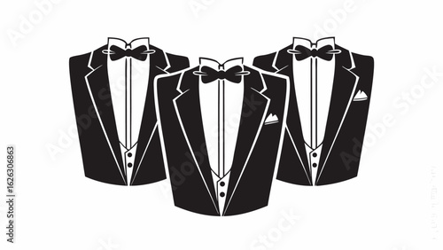 Three black and white tuxedo suits with bow ties and pocket squares arranged in a group formation