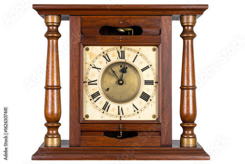 Rectangular Wooden Antique Wall Clock with Pendulum Cutout, isolated on transparent background