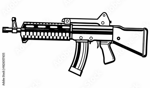 Minimal black silhouette of military assault rifle, clean outline, plain white background