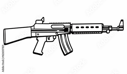 Minimal black silhouette of military assault rifle, clean outline, plain white background