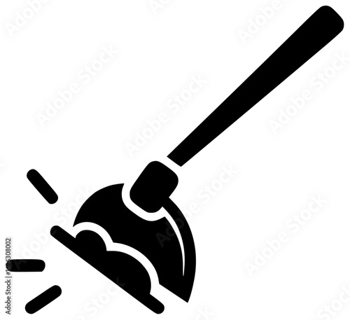 Black Silhouette Vector Icon Logo Illustration of Hoe Agriculture Tool Digging into Soil Used for Tilling Fields and Weeding in Garden with Farmer’s Hand and Farm Fence