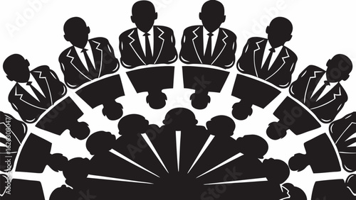 Silhouette illustration of a round table meeting with business people in suits and ties sitting around
