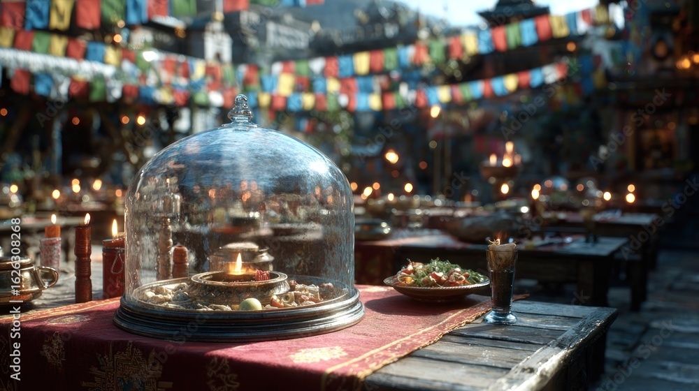 Fototapeta premium Outdoor market scene, glass dome, colorful flags