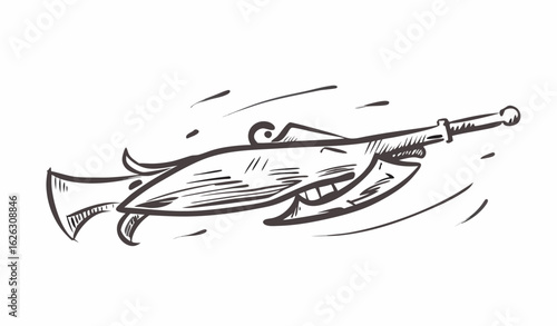 Minimal black silhouette of military assault rifle, clean outline, plain white background