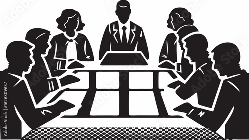 Illustration of a business meeting with eight people sitting around a large rectangular table