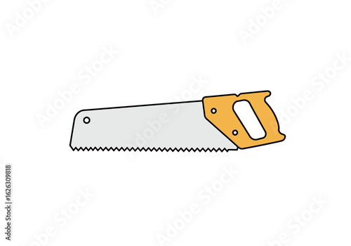 A hand saw with a grey blade and a tan handle poised for woodworking tasks