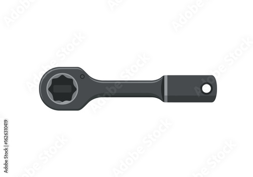 Closeup of a gray socket wrench with a handle tool hole and twelvepoint socket