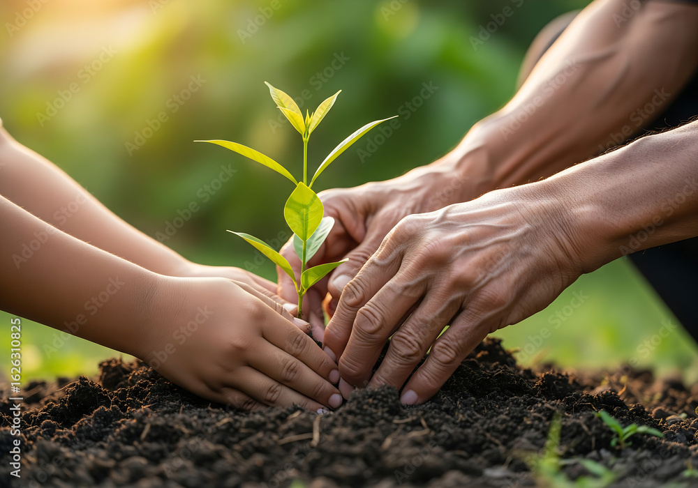 Fototapeta premium A veteran's hands guide a child's to plant a sapling. A symbol of legacy, hope, and the peace veterans fought for.