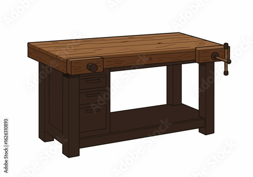 Carpenters workstation with drawers vise and a shelf