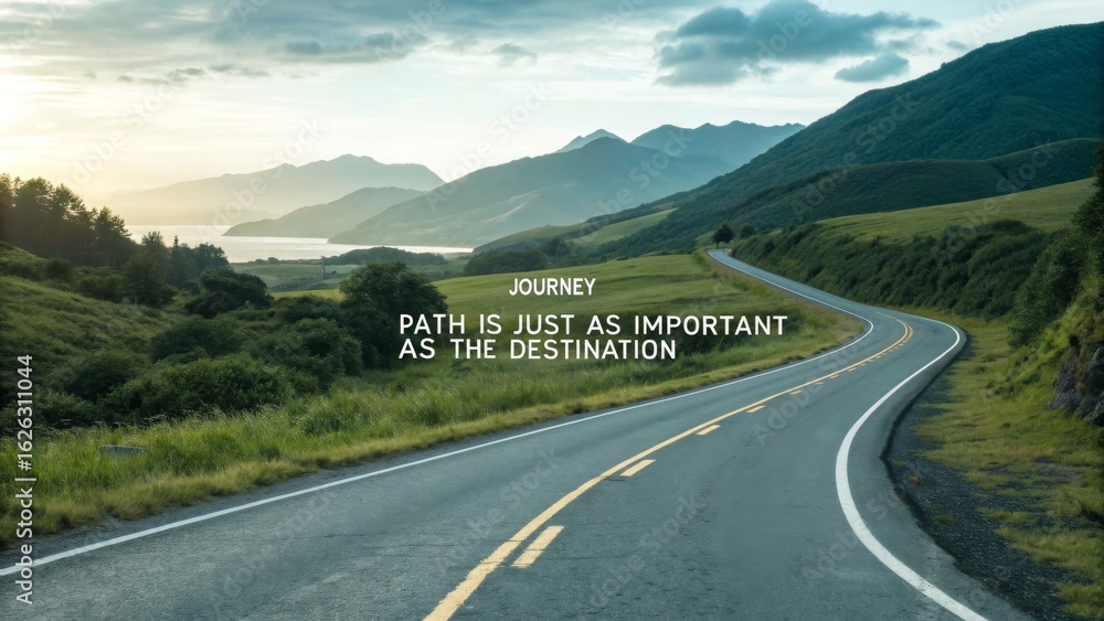 Naklejka premium Scenic Road Through Lush Green Landscape With Inspirational Message