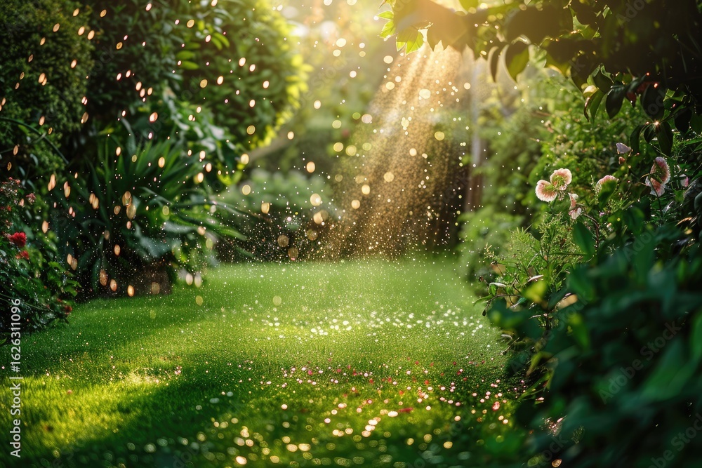 Fototapeta premium Automatic Garden Sprinkler System Watering Green Lawn in a Beautiful Garden with Copy Space