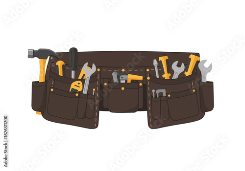 Brown leather tool belt packed with hand tools like wrenches hammer and screwdriver