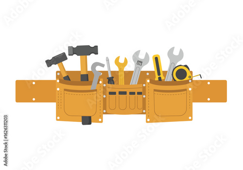 Handy tools tucked securely in a brown utility belt