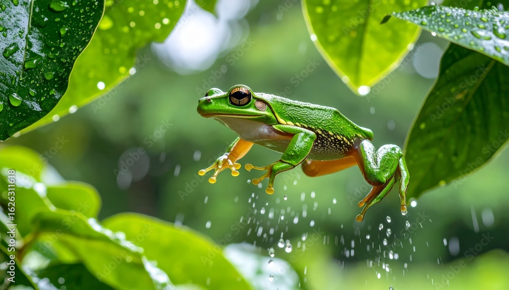 Fototapeta premium Green frog leaps on wet leaf forest