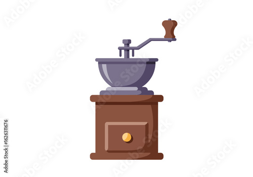 A vintage coffee grinder stands ready its wooden base hinting at warmth