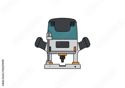 A stylized router tool in teal  gray with a touch of orange