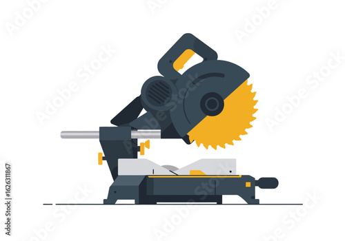 Precision cut A dark mechanical chop saw poised for action its toothed blade gleaming