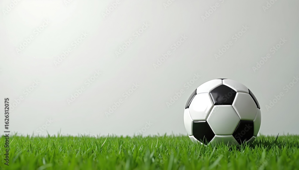 Fototapeta premium Classic soccer ball rests on green grass field. Black and white spherical sports equipment waits for game play. Isolated object against clean minimalist background.