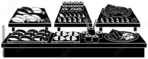 sushi on a plate sushi roll with fish and sushi chef preparing sushi pieces soy sauce sushi boat various sushi restaurant sushi bar sushi buffet many sushi platter assorted sushi box takeout