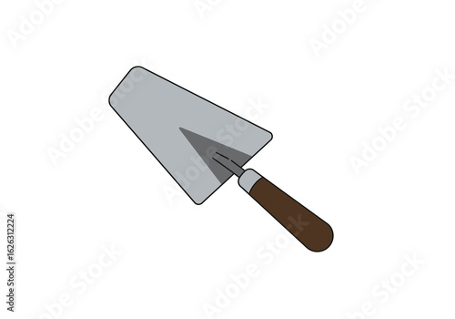 A garden trowel with a wooden handle poised for digging in a white space