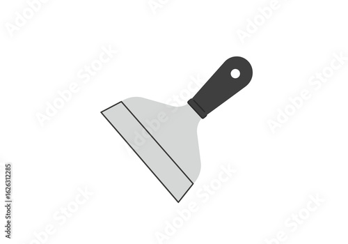 Angled putty knife with grey blade black handle and hanging hole on white background