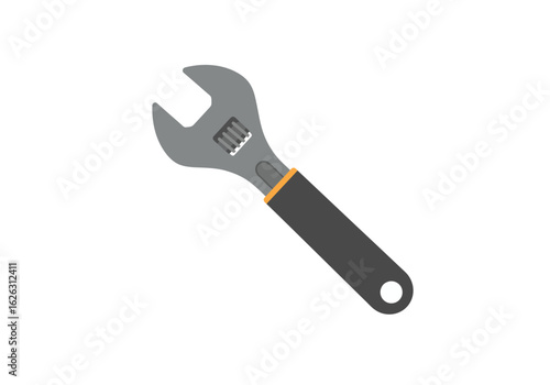 Adjustable wrench a gray tool with a black handle poised for tightening