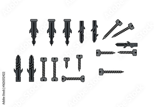 Array of fixings anchors screws  bolts each designed for secure attachment