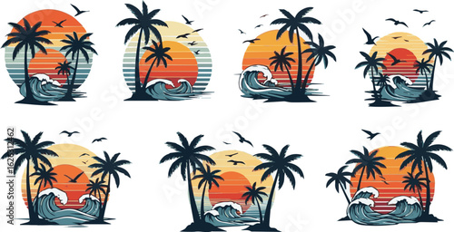 Create a kinds of deferent palm, beach, tree, tropical, sea, summer, vector art with white background.