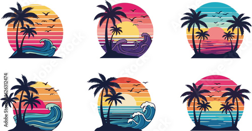Crate a kinds of deferent beach, palm, tree, sea, summer, tropical, sun, vector art with white background.