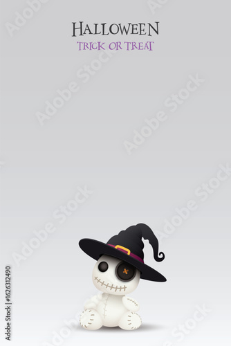 Halloween trick or treat with 3D cute voodoo doll wearing witch hat on light gray vertical background graphic illustration have blank space.