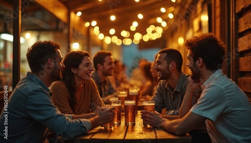 Friends enjoy drinks, conversation at lively pub during evening hours. People laugh, smile sitting at table, sharing casual dining experience. Warm string lights create festive atmosphere for social