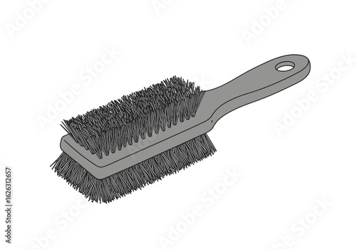 A doublesided scrub brush gray bristling with a handle and hanging hole on white