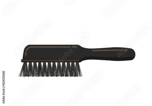 Classic black barbers neck duster with soft dark bristles  smooth wooden handle on white background